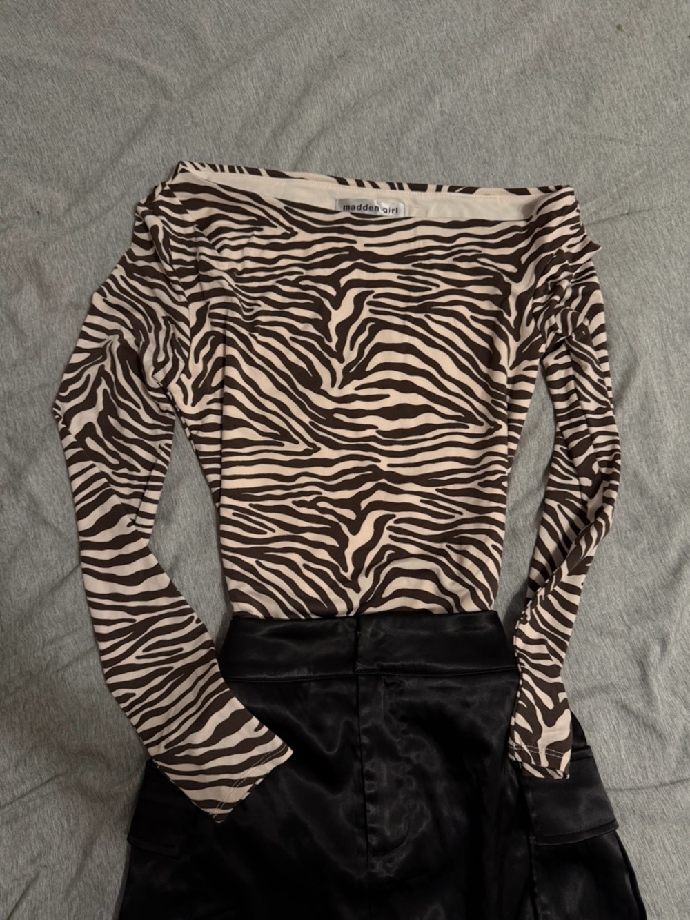 madden girl Beige brown Zebra Print Off-Shoulder Long Sleeve Top